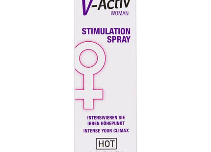 V-activ stimulierungsspray für frauen 50 ml in weißer box mit lila und pinken akzenten und venus symbol