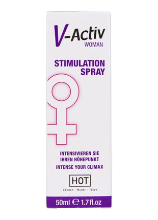 V-activ stimulierungsspray für frauen 50 ml in weißer box mit lila und pinken akzenten und venus symbol