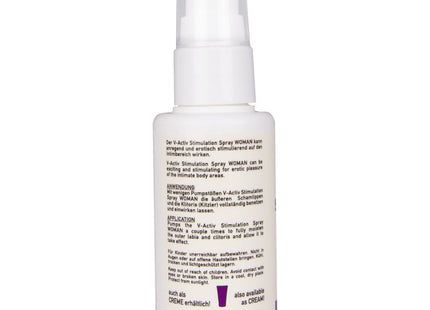 Weiße kunststoff-sprühflasche mit klarem spender und lila text für hot v-activ stimulierungsspray für frauen 50 ml