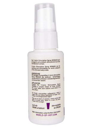 Weiße kunststoff-sprühflasche mit klarem spender und lila text für hot v-activ stimulierungsspray für frauen 50 ml
