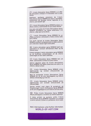 Weiße kartonbox mit lila akzenten und mehrsprachiger beschriftung für hot v activ stimulationsspray für frauen 50 ml