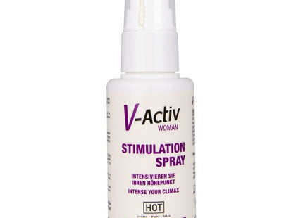 Weiße plastikflasche mit klarem spraysprüher, etikettiert mit v-activ woman stimulation spray für frauen 50 ml