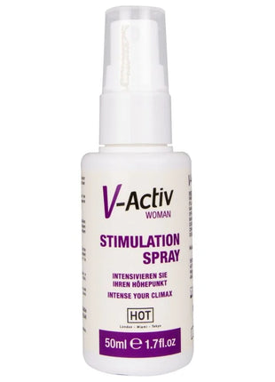 Weiße plastikflasche mit klarem spraysprüher, etikettiert mit v-activ woman stimulation spray für frauen 50 ml