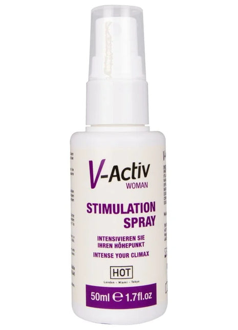 Weiße plastikflasche mit klarem spraysprüher, etikettiert mit v-activ woman stimulation spray für frauen 50 ml