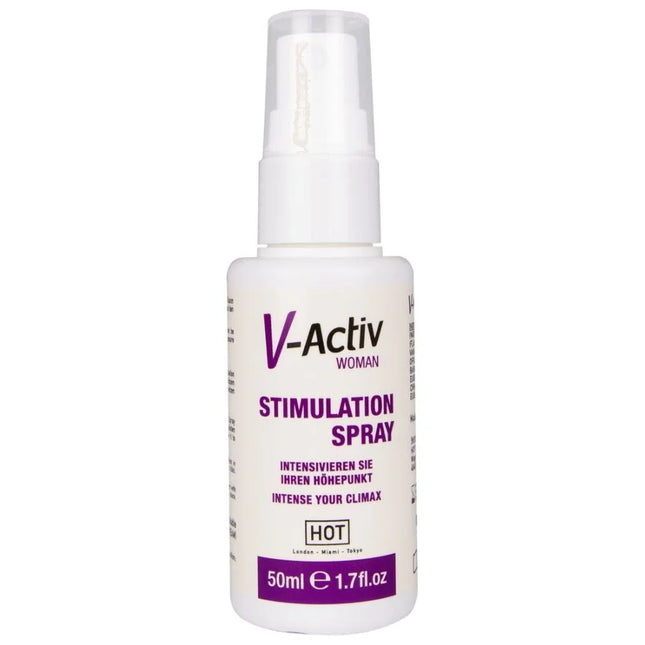 Weiße plastikflasche mit klarem spraysprüher, etikettiert mit v-activ woman stimulation spray für frauen 50 ml