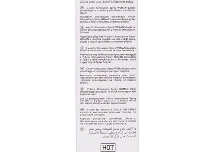 Weißer rechteckiger v-acti woman stimulation spray mit lila akzenten und schwarzer schrift von hot in 50 ml packung