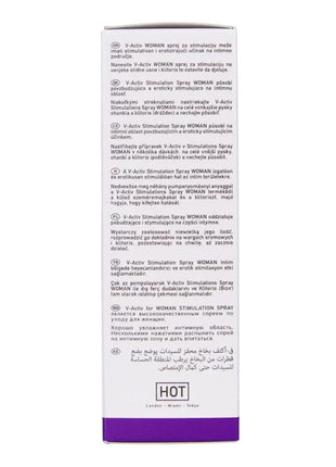 Weißer rechteckiger v-acti woman stimulation spray mit lila akzenten und schwarzer schrift von hot in 50 ml packung