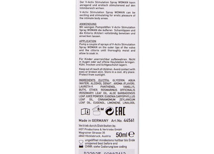 Hot v-activ stimulationsspray für frauen 50 ml in weißer und violetter rechteckiger sprayflasche
