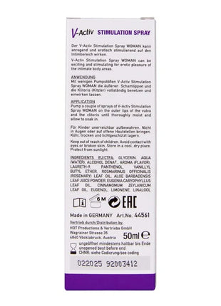 Hot v-activ stimulationsspray für frauen 50 ml in weißer und violetter rechteckiger sprayflasche