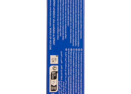 Blauer karton der rückseite von hot v-aktiv penis power creme für männer 50 ml mit mehrsprachigem text und recycling-symbolen