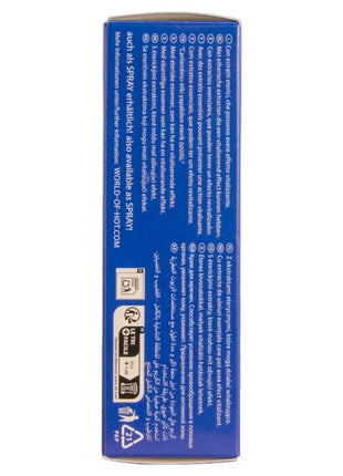 Blauer karton der rückseite von hot v-aktiv penis power creme für männer 50 ml mit mehrsprachigem text und recycling-symbolen