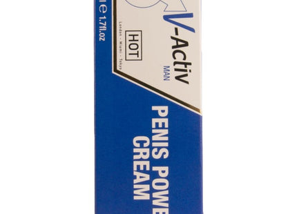 Blau-weiß rechteckige verpackung von v-aktiv man penis power creme 50 ml für männer zur stärkenden anwendung