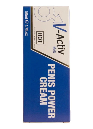 Blau-weiß rechteckige verpackung von v-aktiv man penis power creme 50 ml für männer zur stärkenden anwendung