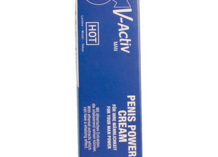 Blauer rechteckiger v-aktiv man penis power creme karton mit weißem text und stilisiertem logo 50 ml für männer