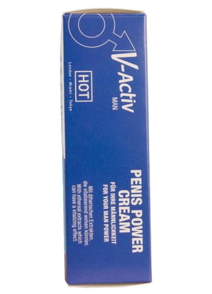 Blauer rechteckiger v-aktiv man penis power creme karton mit weißem text und stilisiertem logo 50 ml für männer
