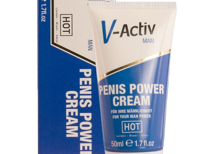 Blaues und weißes Röhrchen der v-activ man Penis-Power-Creme mit goldener Akzentstreifen.