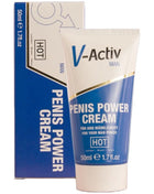 Blaues und weißes Röhrchen der v-activ man Penis-Power-Creme mit goldener Akzentstreifen.
