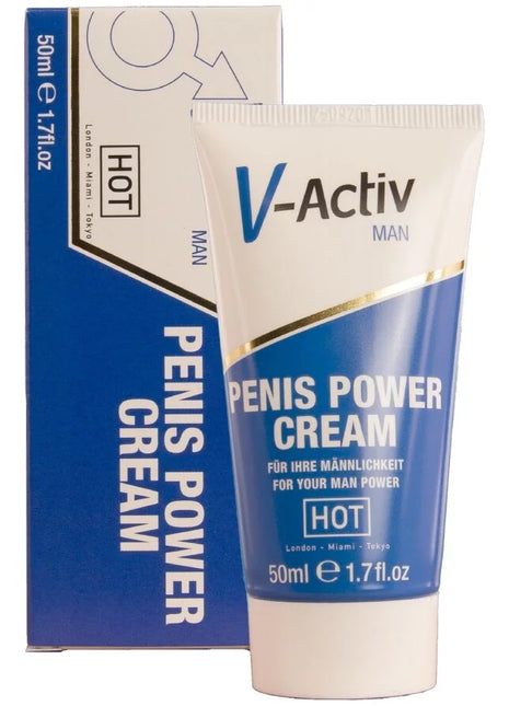 Blaues und weißes Röhrchen der v-activ man Penis-Power-Creme mit goldener Akzentstreifen.