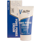 Blaues und weißes Röhrchen der v-activ man Penis-Power-Creme mit goldener Akzentstreifen.