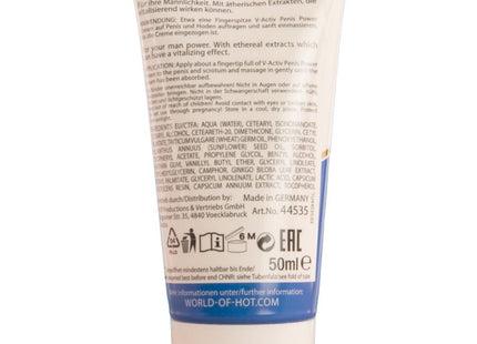 Eine weiße und blaue Tube V-Activ Penis Power Creme mit silbernem Deckel.