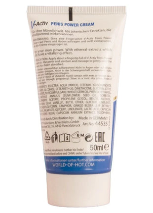 Eine weiße und blaue Tube V-Activ Penis Power Creme mit silbernem Deckel.