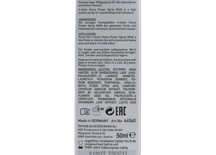 V-aktiv penis power spray für männer 50 ml in silber-blauer rechteckverpackung mit deutschem und englischem text