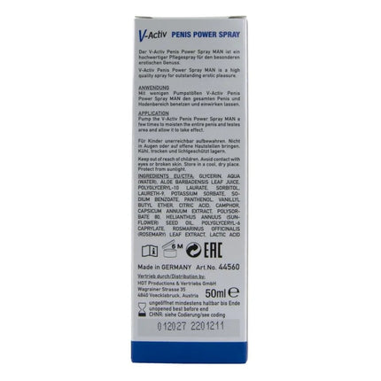 V-aktiv penis power spray für männer 50 ml in silber-blauer rechteckverpackung mit deutschem und englischem text