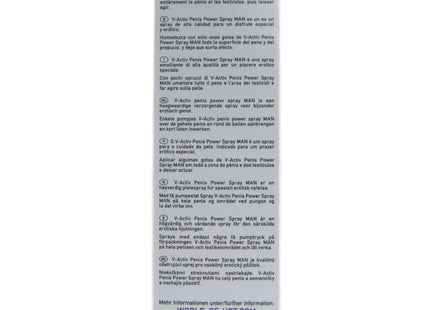 The back of a white and blue cardboard box for hot v-aktiv penis power spray für männer 50 ml with multilingual text