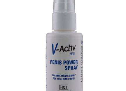 Weiße plastik-sprühflasche mit blauem etikett und klarem düsenaufsatz v-aktiv man penis power spray 50 ml
