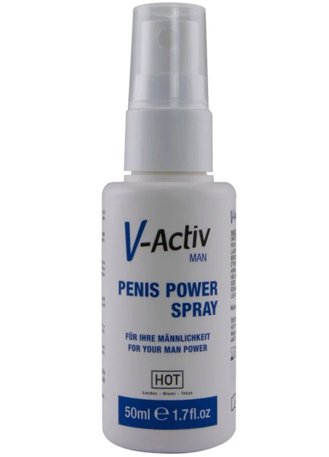Weiße plastik-sprühflasche mit blauem etikett und klarem düsenaufsatz v-aktiv man penis power spray 50 ml