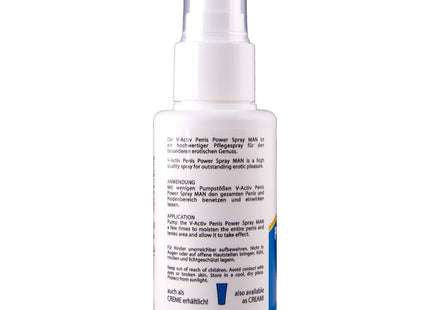 Weiße plastiksprühflasche mit transparentem aufsatz und etikett zu hot v-aktiv penis power spray für männer 50 ml