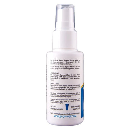 Weiße plastiksprühflasche mit transparentem aufsatz und etikett zu hot v-aktiv penis power spray für männer 50 ml