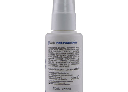 Weiße plastik-sprühflasche mit klarem düsenaufsatz und blauem etikett mit inhaltsstoffen für hot v-aktiv penis-power-spray 50 ml rückseite