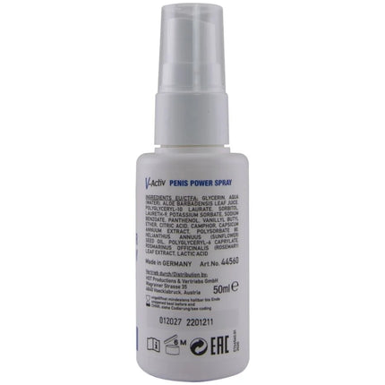 Weiße plastik-sprühflasche mit klarem düsenaufsatz und blauem etikett mit inhaltsstoffen für hot v-aktiv penis-power-spray 50 ml rückseite