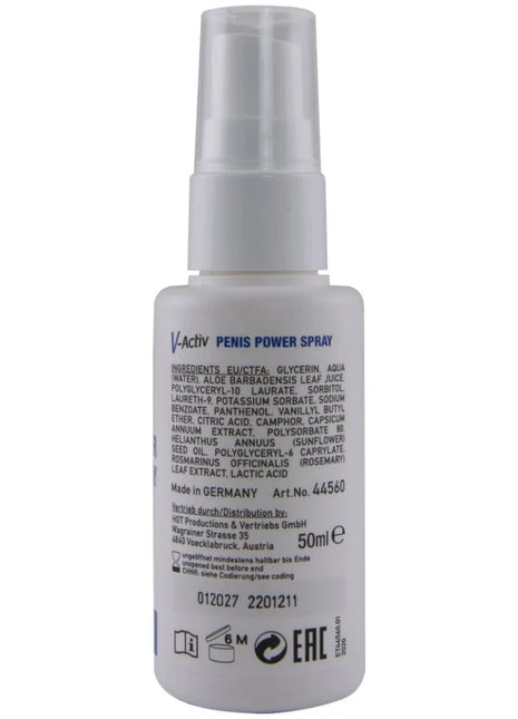 Weiße plastik-sprühflasche mit klarem düsenaufsatz und blauem etikett mit inhaltsstoffen für hot v-aktiv penis-power-spray 50 ml rückseite