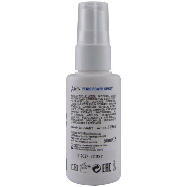 Weiße plastik-sprühflasche mit klarem düsenaufsatz und blauem etikett mit inhaltsstoffen für hot v-aktiv penis-power-spray 50 ml rückseite
