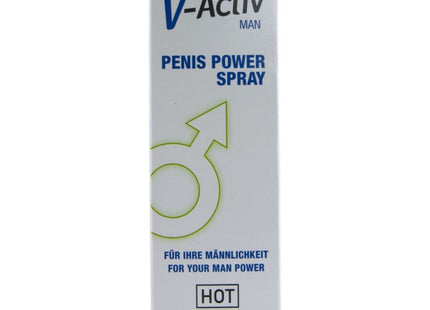 Weiße rechteckige box von v-aktiv man penis power spray mit blauem und grünem text und männlich symbol für männer 50 ml