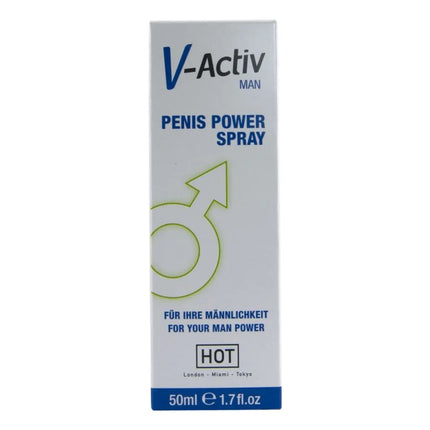 Weiße rechteckige box von v-aktiv man penis power spray mit blauem und grünem text und männlich symbol für männer 50 ml