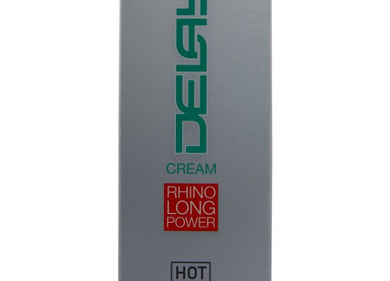 Silberne rechteckige hot - verzögernde creme 50 ml mit grüner dela-markierung und rotem rhino long power label