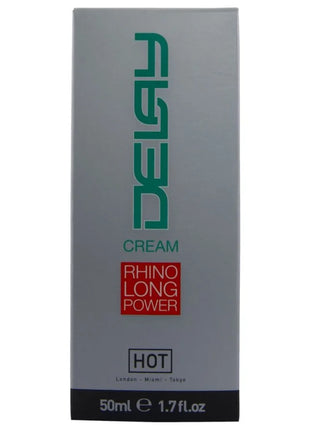 Silberne rechteckige hot - verzögernde creme 50 ml mit grüner dela-markierung und rotem rhino long power label