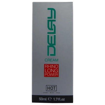 Silberne rechteckige hot - verzögernde creme 50 ml mit grüner dela-markierung und rotem rhino long power label