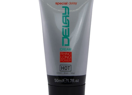 Silber-schwarze tube der hot verzögernde creme 50 ml mit grüner schrift und rhino long power branding