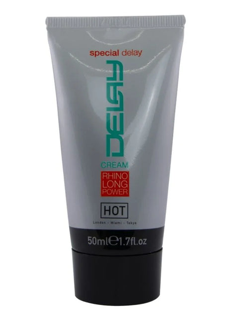 Silber-schwarze tube der hot verzögernde creme 50 ml mit grüner schrift und rhino long power branding