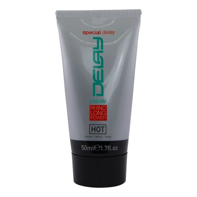 Silber-schwarze tube der hot verzögernde creme 50 ml mit grüner schrift und rhino long power branding