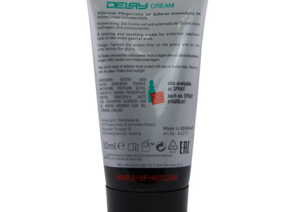 Tube aus silber und schwarz mit matter oberfläche und grünem text für hot verzögernde creme 50 ml