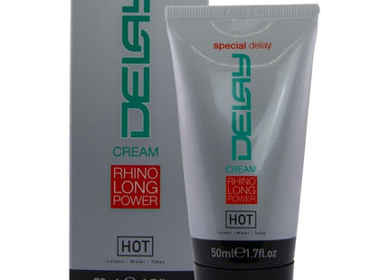 Silberne tube hot verzögernde creme 50 ml mit schwarzem deckel grünem branding rhinolong power label