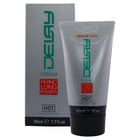 Silberne tube hot verzögernde creme 50 ml mit schwarzem deckel grünem branding rhinolong power label