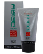 Silberne tube hot verzögernde creme 50 ml mit schwarzem deckel grünem branding rhinolong power label