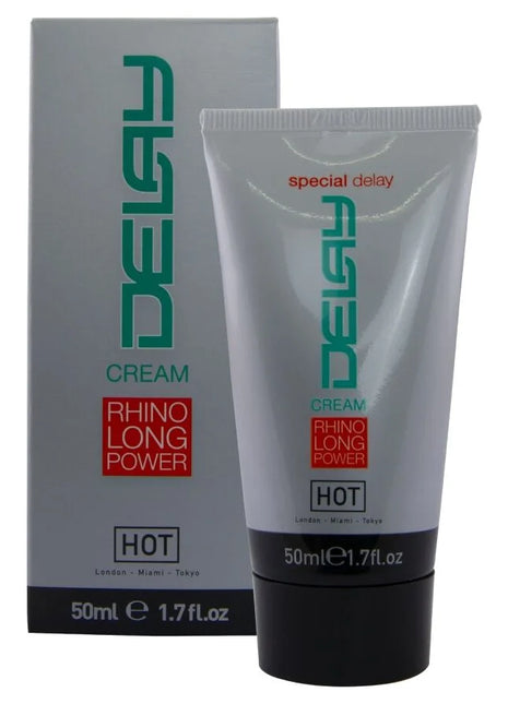 Silberne tube hot verzögernde creme 50 ml mit schwarzem deckel grünem branding rhinolong power label