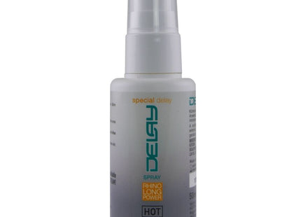 Ein schlanker silberner sprayflasche mit transparentem düsenkopf von degay rhino long power hot styling spray 50 ml